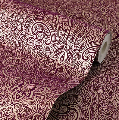 Exclusive Henna Velvet Flock Red Gold Purple Damask Shimmer Oriental Wallpaper • £29.99