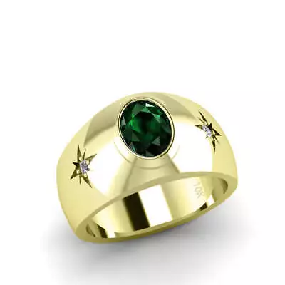 10K Yellow Gold Men's Vintage Ring 0.06ct Diamonds With Green Emerald Gift For M • $889