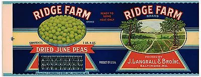 Vintage Can Label Maryland 1920s Original Baltimore Ridge Farm June Peas • $4.75