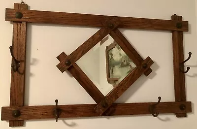 Antique Mission Beveled Diamond Mirror Oak Hanging Entry Hall Tree Coat Hat Rack • $175