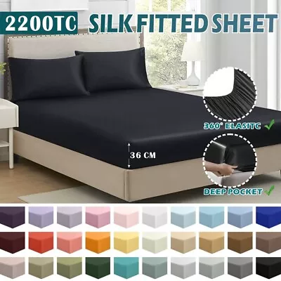 Hotel 2200TC Silk Satin Fitted Sheet Pillow Case Set Double Queen King (NO FLAT) • $29.79