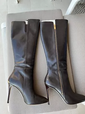 Michael Kors Clara Stiletto Heel Boot 8M Black 4.5  Heel Knee High Gold Trim • $16.50