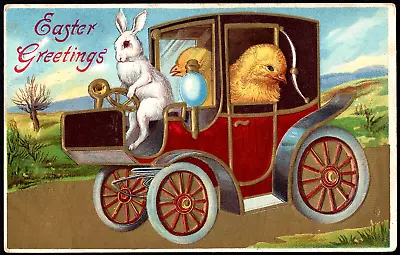 Easter Bunny Rabbit Driving Car With Chicks Inside Mailed 1911 Antique Postcard • $6.99