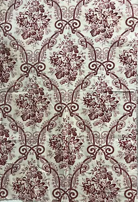 Lovely Vintage 1930's French Cotton Fabric Panel Red & Ivory - 32x46  • $37.95