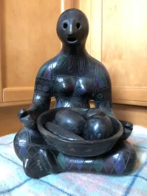 Mexican Artist Manuel Felguerez Black Clay Sculpture Seated Woman W/ Fruit Bowl • $550