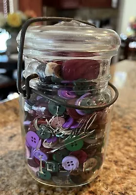 Vintage Estate Buttons In Pint Antique Ball Jar With Working Bale Latch Lid Full • $18