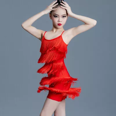 Girls Latin Dance Dress Layered Tassel Fringe Ballroom Cha Tango Outfit • $48.61