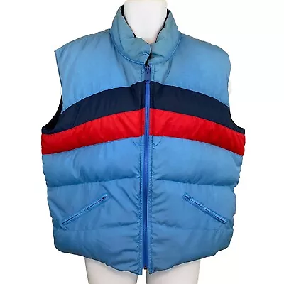 Vintage Reversible Down Puffer Vest Mens Size M Full Zip Blue Striped Western • $39.99