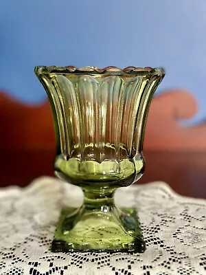Vtg Avocado Green Indiana Pressed Glass Pedestal Vase Square Base Scalloped Rim • $13