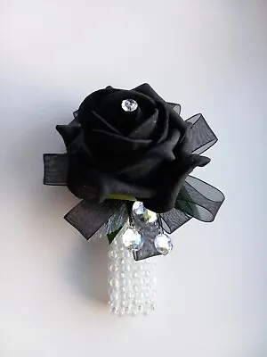 Prom /Wedding Black  Rose /Wrist Corsage/ Diamante/ Bracelet/silver/bling • £7.25