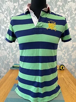 Ralph Lauren Polo Green Striped Rugby Shirt Pink Chambray Collar Barbiecore (L4) • £14.99