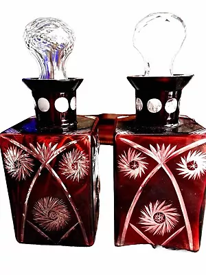 2 DEEP RUBY CRYSTAL LIQUOR DECANTERS - BRITISH EARLY 1900s • $43