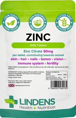 ZINC TABLETS / ZINC MAX 50mg/100mg Skin Hair Nails Bones Vision Immune LINDENS • £3.99