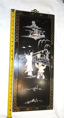 Oriental Mother Of Pearl Wall Hanging Large 24  Black Lacquer Art Abalone VTG • $75