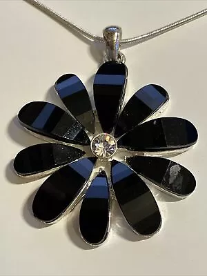 40mm Black Cut Glass Daisy Pendant With Diamante & 16” Faux Silver Chain Necklac • £0.99