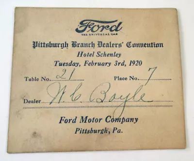 Vintage 1920 FORD MOTOR CO PITTSBURGH BRANCH DEALERS CONVENTION TABLE CARD • $19.99