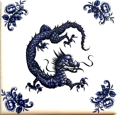 Delft Theme Dragon With Blue Corners Ceramic Tile 4.25  Kiln Fired Décor #2 • $6.50