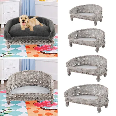 £55.95 • Buy Raised Elevated Dog Cat Couch Pet Basket Sofa Bed Wicker Willow Rattan W/Cushion