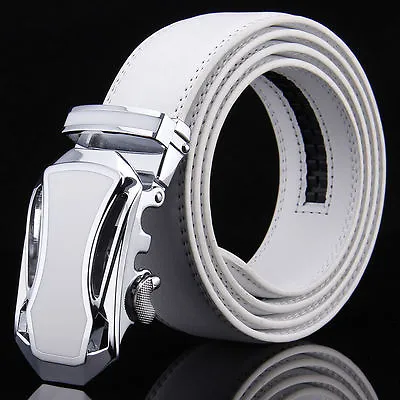 Men WHITE Genuine Leather Golf Dress Belt Fit Automatic Buckle Ratchet Belt • $14.85