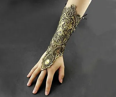 Ladies Womens Steampunk Goth Costume Gold Lace Fingerless Gloves • $9.80