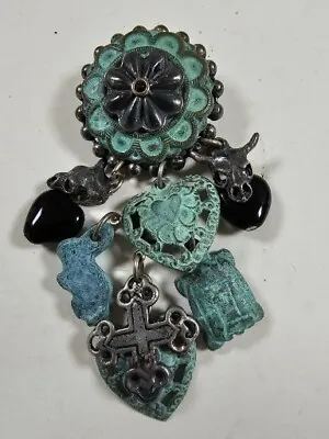 La Contessa By Mary Demarco  Signed Western Skull  Brushed Turquoise Brooch Pin • $13.60