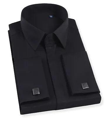 £29.99 • Buy Mens Cotton Shirt Silky Black Double Cuff Dress Slim Fit Long Sleeve Cufflink