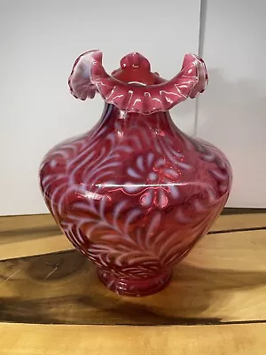 Vintage Fenton Glass Cranberry Opalescent Daisy And Fern Ruffled Vase - 11  H • $125