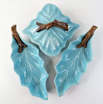 Vtg - Set Of 4 - Miramar 1957 700 Turquoise Blue Leaf Ashtrays  Bowl Lid • $59.97