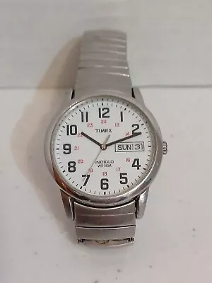 Timex Easy Reader Watch Men Silver Tone Indiglo Day Date Stretch Band Silver • $28.50