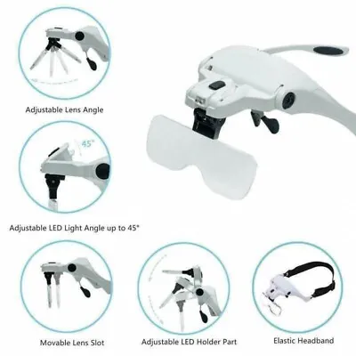 Lightweight Magnifying Glasses Head Light Adjustable 2 LED Magnifier With 5 Lens • £8.99