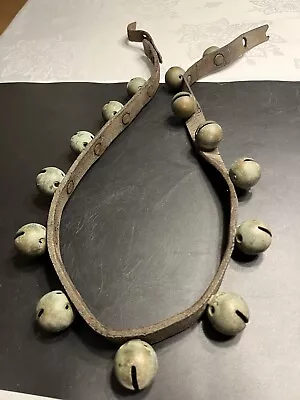 Antique 14 Brass Sleigh Bells On 45” Leather Strap Christmas Jingle Bells • $129.99