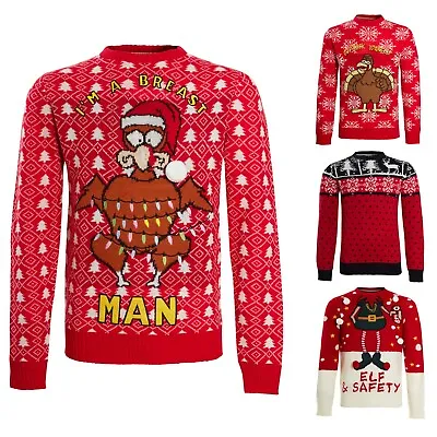 Mens Christmas Jumper Funny Novelty Xmas Pullover Sweater Knitted Santa Reindeer • £14.99