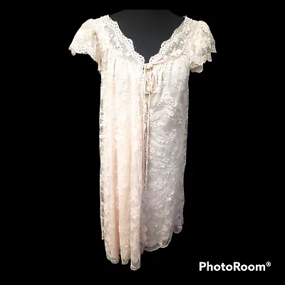 Vintage Claire Sandra By Lucie Ann Beverly Hills Pink Nylon & Lace Robe Sz M • $49