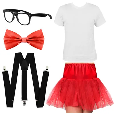 Adults Geek Costume Nerd T-shirt Tutu Tie Braces Glasses Set School Fancy Dress • £3.99