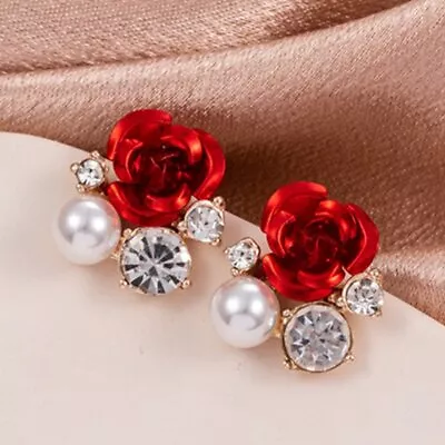 Fashion Red Rose Flower Crystal Earrings Stud Women Christmas Party Jewelry Gift • $2.33