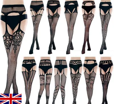 Womans Sexy Black Suspender Tights Stockings Fishnets Crotchless One Size UK • $6.09