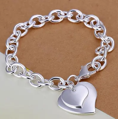 Womens 925 Sterling Silver Love Heart Pendant Link Chain Fashion Bracelet #B333 • $9.99