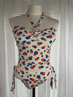 Women’s Swimsuit Bikini Size M Orange Blue Polka Dot Halter Tankini Two-Piece • $15.77