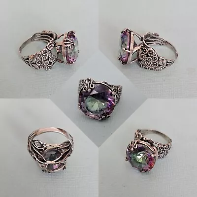 925 Sterling Silver Vintage Floral Ring With Mystic Topaz Marked ISRAEL Size 8 • $38