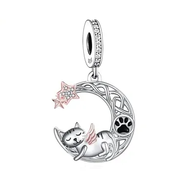 $31.99 • Buy S925 Silver & Rose Gold Guardian Angel Cat On Moon Charm By YOUnique Designs