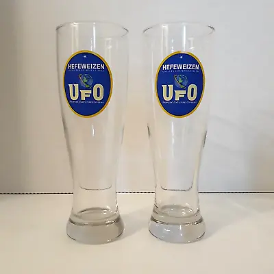 Harpoon's UFO Hefeweizen Wheat Beer Pint Glass Partly Cloudy 38 Vintage Lot Of 2 • $10