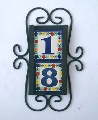 2 Mexican Tiles Talavera House Numbers & Vertical Iron Frame  • $31