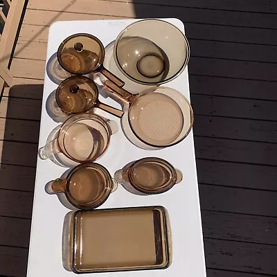 Vintage CORNING VISION Pyrex Amber Glass Cookware 12 Piece Lot • $117