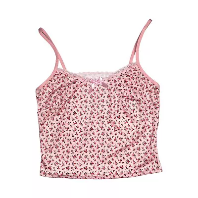Kawaii Coquette Floral Bow Lace Trim Cropped Ribbed Cami Tank Top Pink Size S • $10
