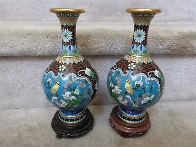 STUNNING Pair Of VINTAGE Cloisonne Vases W/ Stands Birds Flowers Brass Bands 8  • $98.24