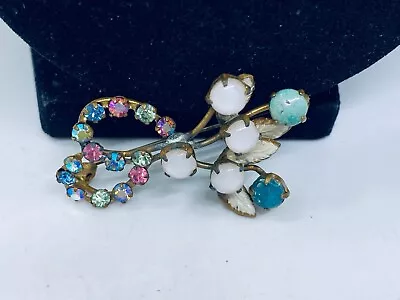 Vtg.austrian Ab Crystal Moonstone & Turquoise Cabochon Gold Filled Flower Brooch • $0.99