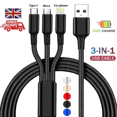 3-in-1 Fast Charging USB Cable Multi Function For Samsung IPhone LG Charger Cord • £2.98