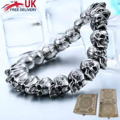 Gothic Skull Head Beads Link Biker Mens Stainless Steel Bracelet + Free Gift Box • £7.99