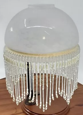 Vintage Art Deco Style Lamp Shade White Mottled Glass Beaded Tassels Fringe • $38.99