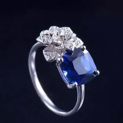 Natural Diamond Cushion AAAA Blue Tanzanite Engagement Women Ring 14K White Gold • $1250